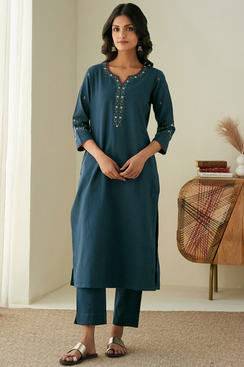 Twilight Blue Handcrafted Straight Cotton Flax Kurta