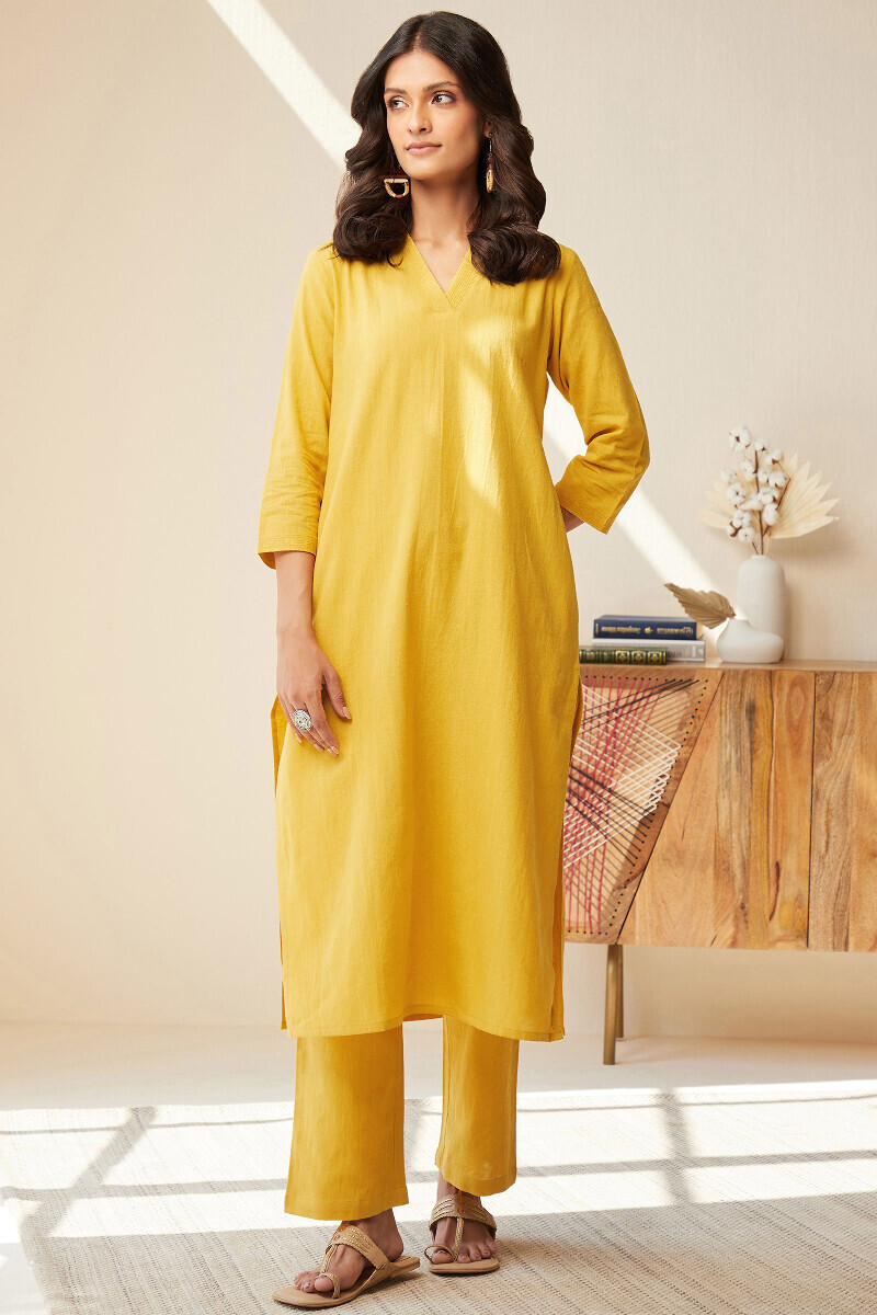 Yellow Handcrafted Straight Cotton Flax Kurta