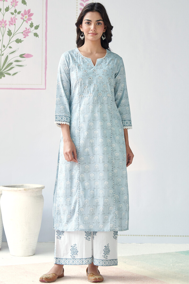 Blue Hand Printed Straight Cotton Kurta