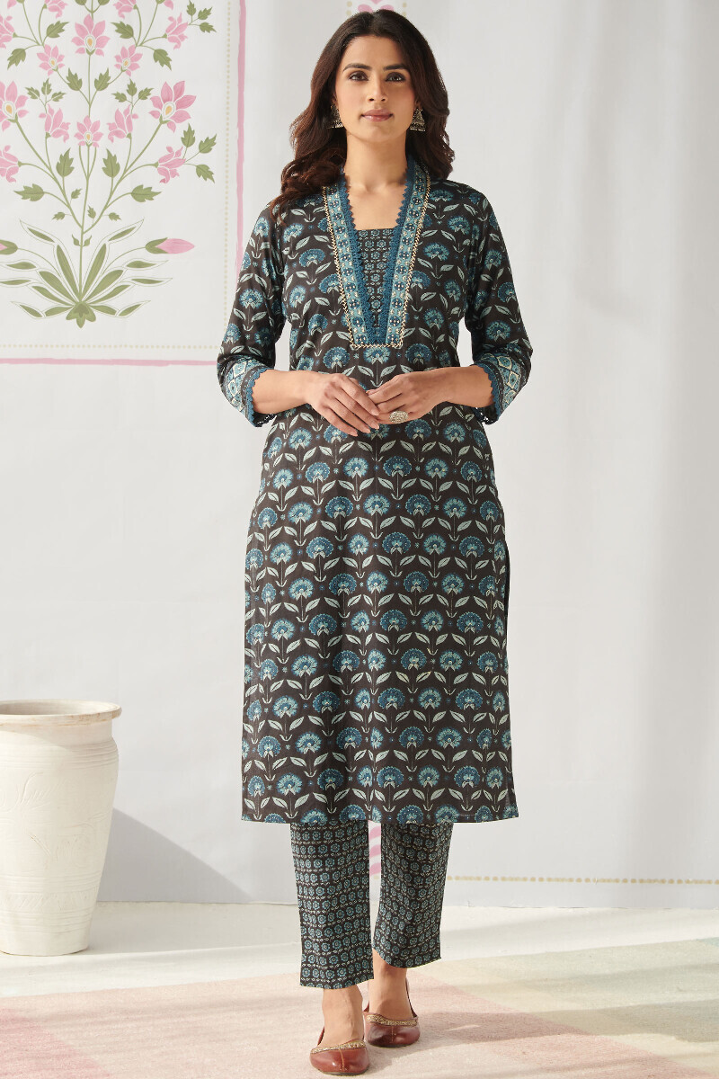 Black Hand Printed Straight Cotton Kurta