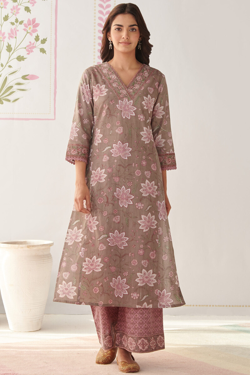 Grey Hand Printed Straight Cotton Kurta