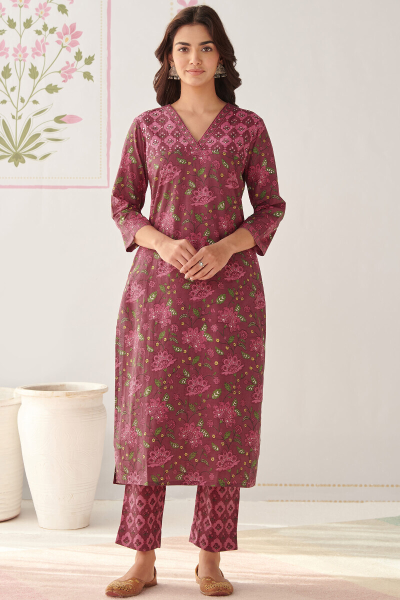 Mauve Hand Printed Straight Cotton Kurta