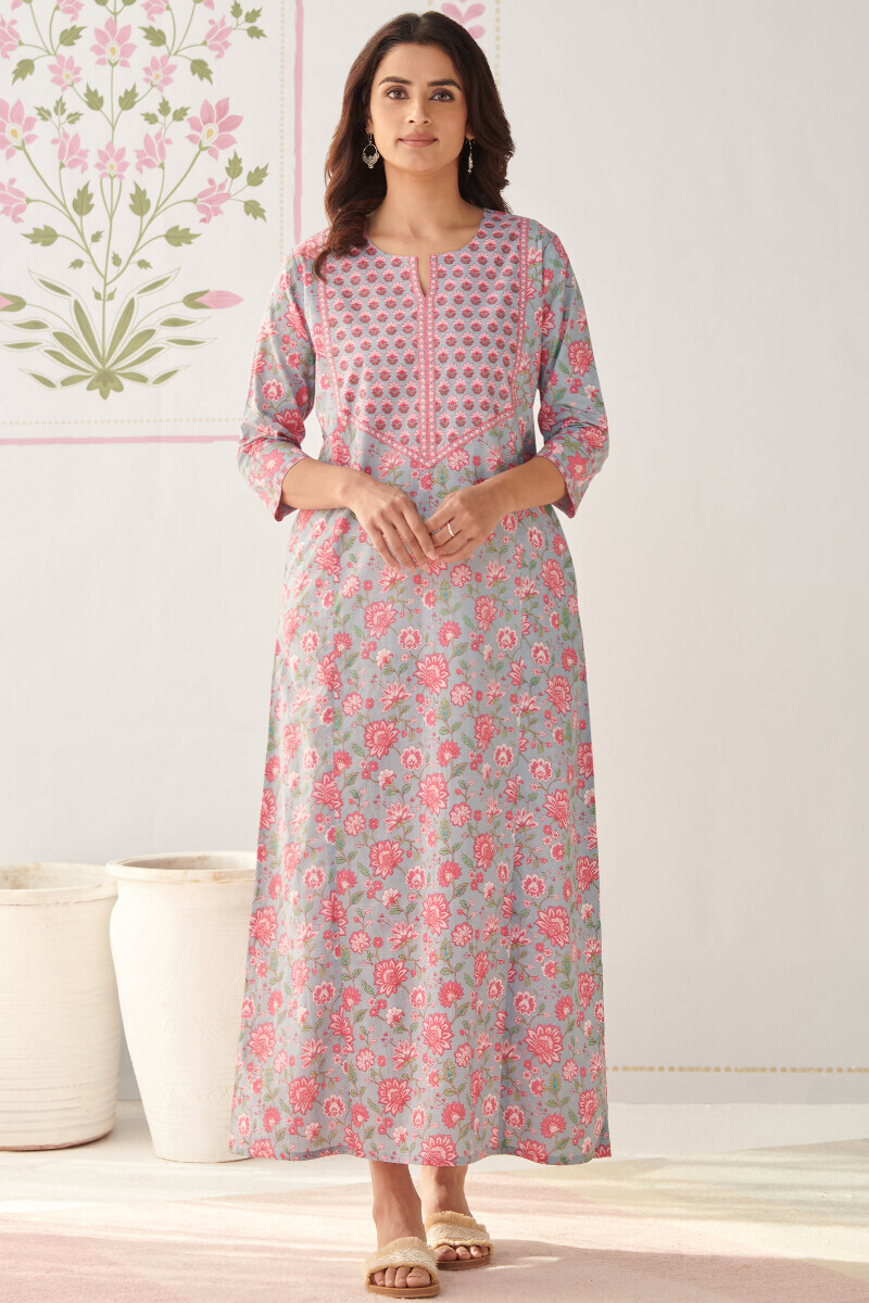 Blue Hand Printed Cotton Kaftan