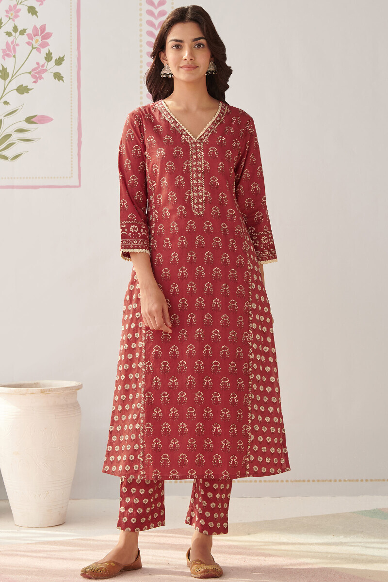 Red Hand Printed Straight Cotton Kurta