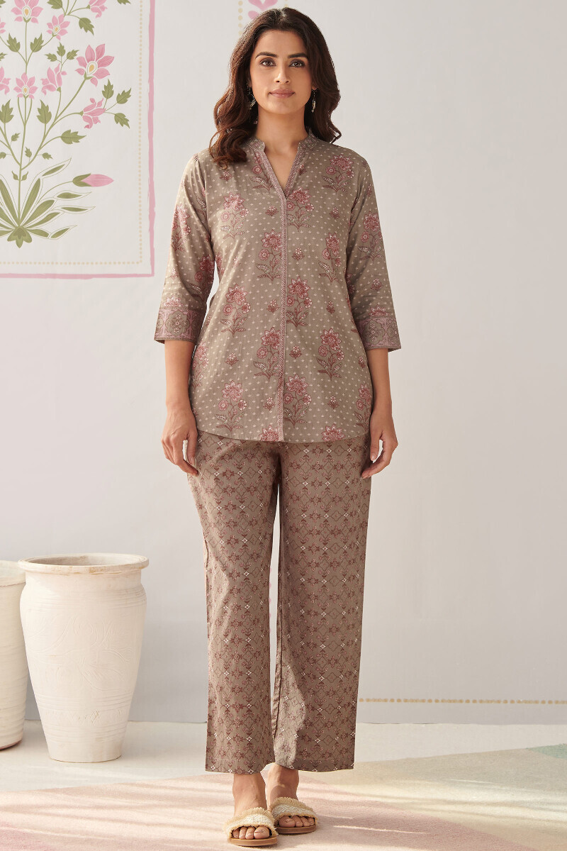 Grey Hand Printed Cotton Loungewear Set