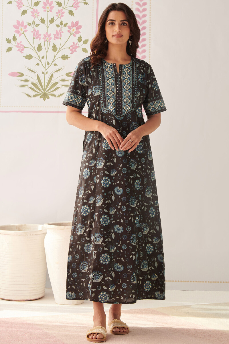 Black Hand Printed Cotton Kaftan