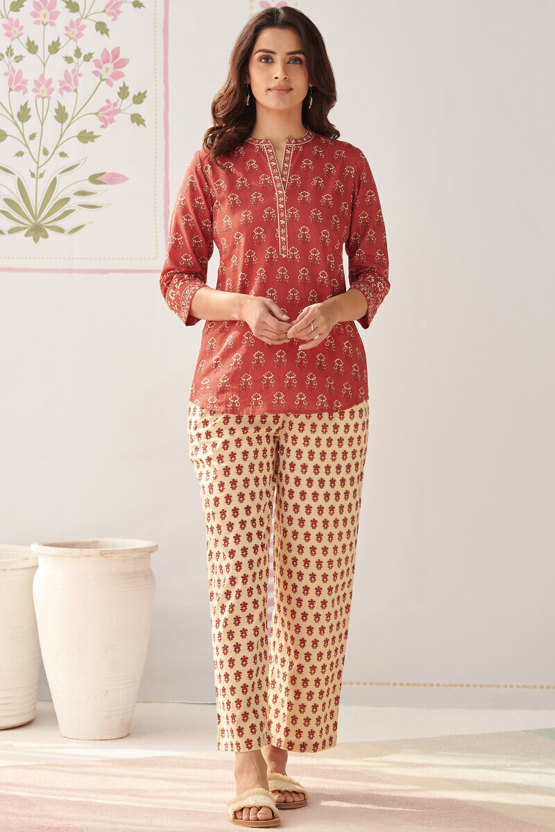 Red Hand Printed Cotton Loungewear Set