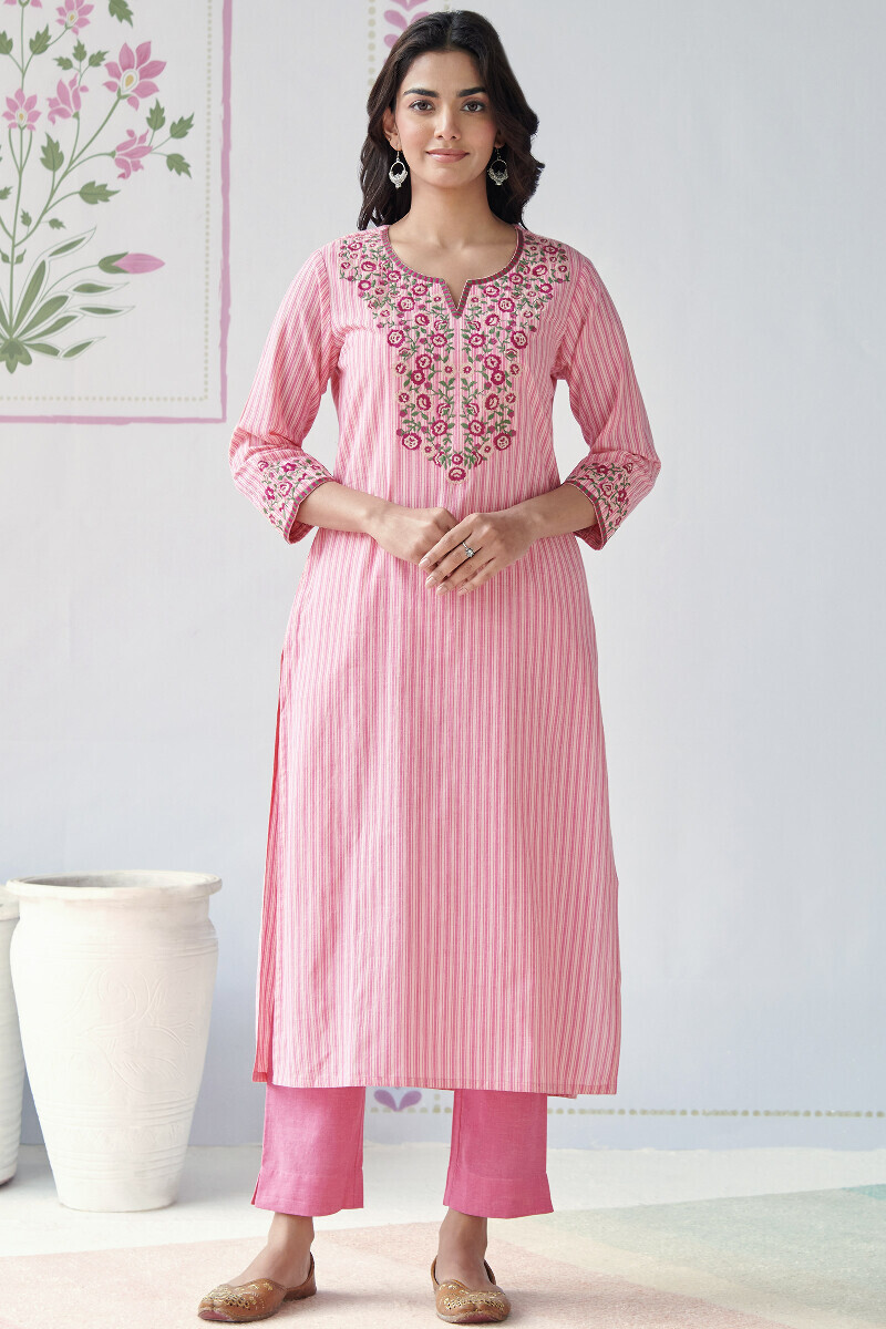 Pink Handcrafted Straight Cotton Kurta
