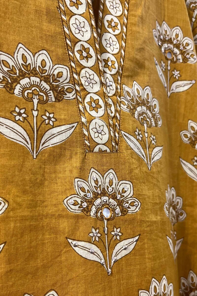 Mustard Hand Screen-Printed Straight Kurta