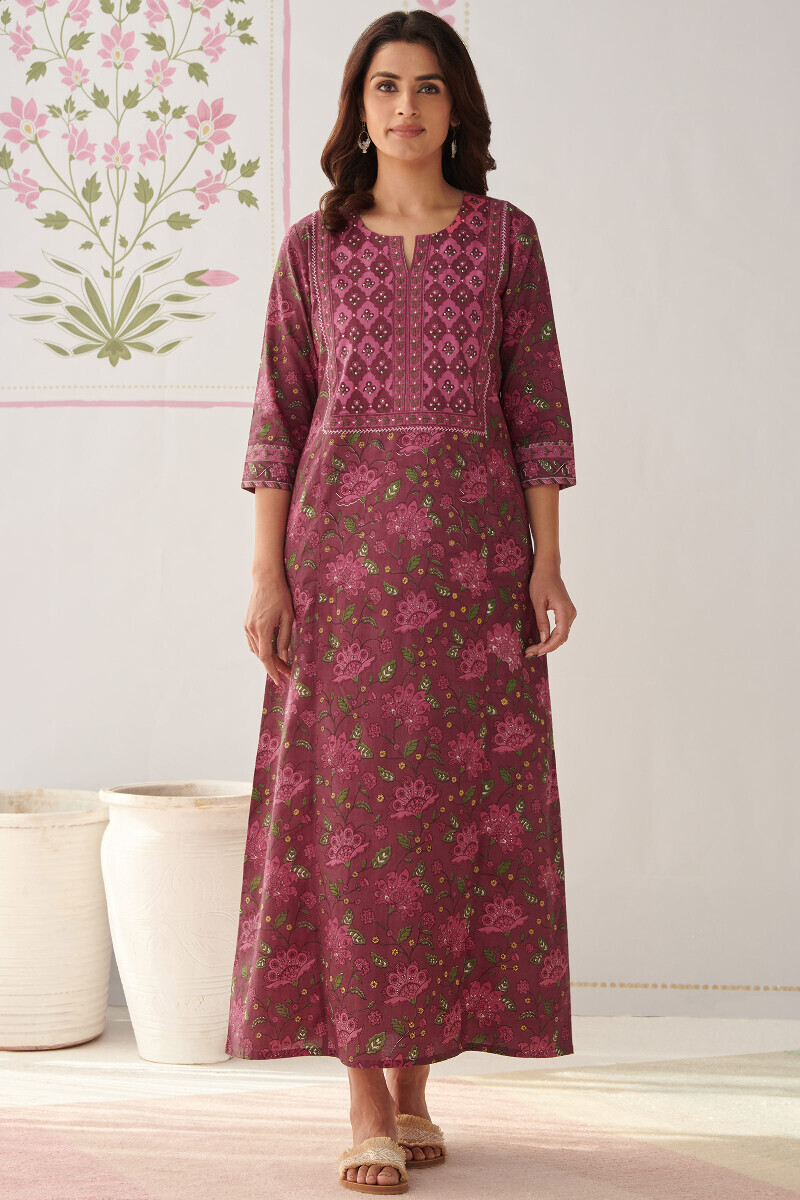 Mauve Hand Printed Cotton Kaftan