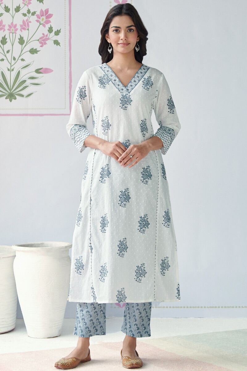 White Hand Printed Straight Cotton Dobby Kurta