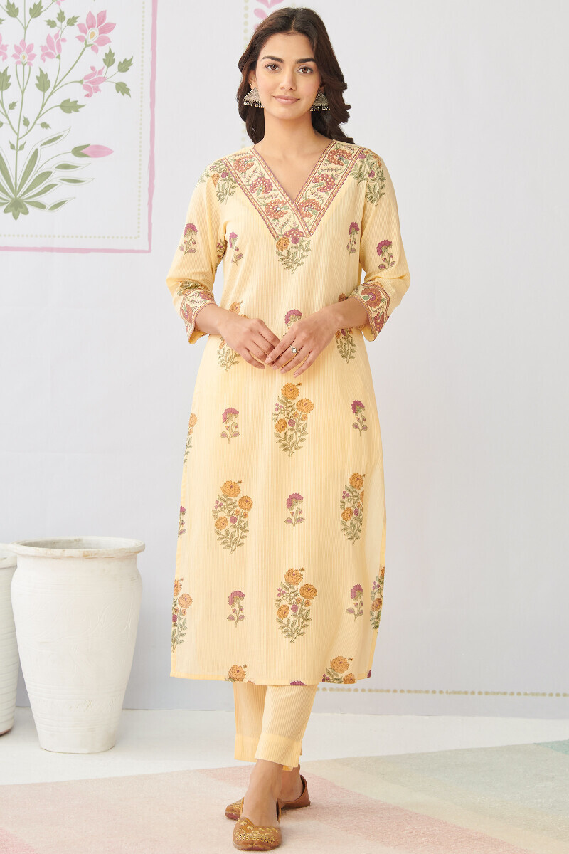 Beige Hand Printed Straight Cotton Dobby Kurta