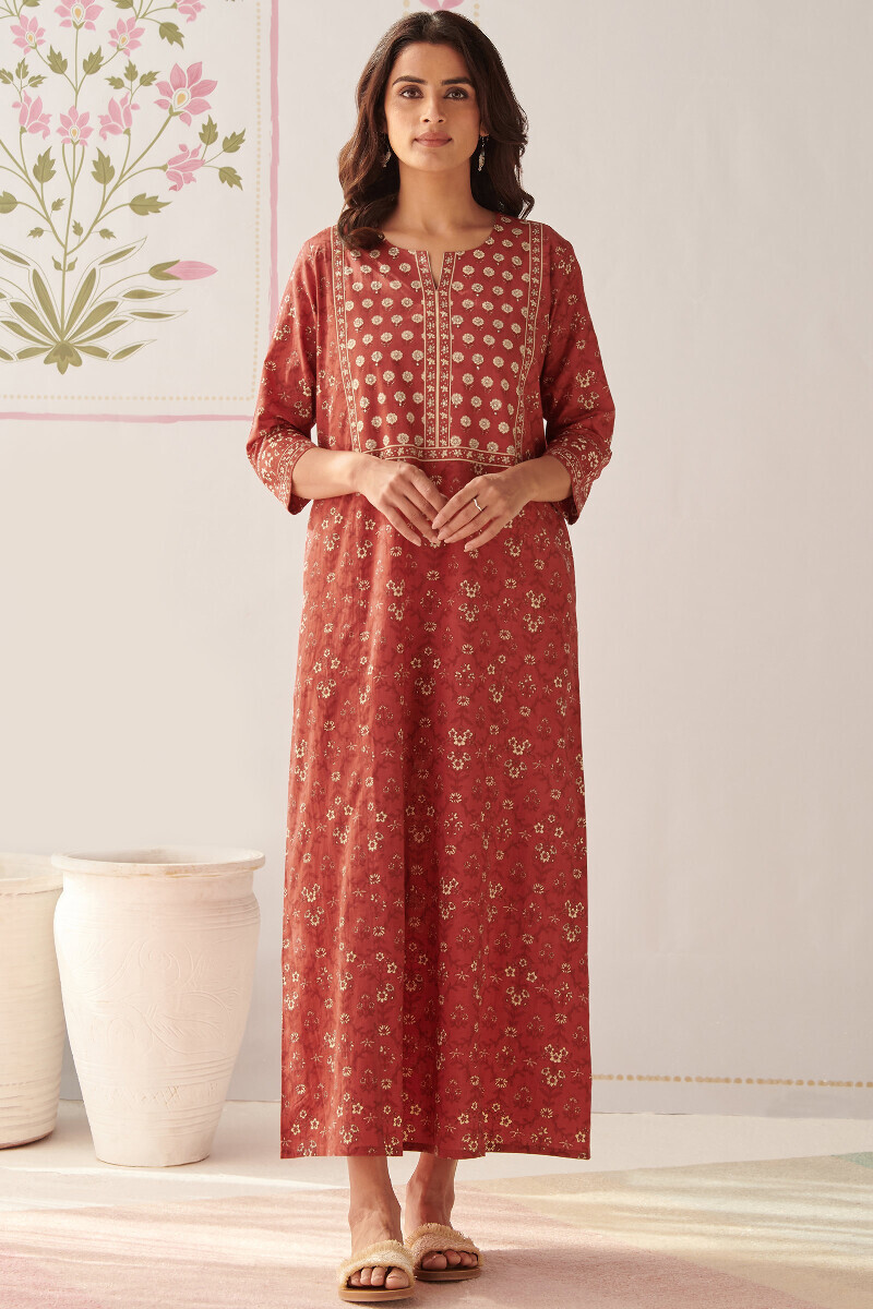 Red Hand Printed Cotton Kaftan
