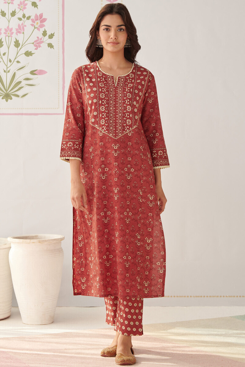 Red Hand Printed Straight Cotton Kurta