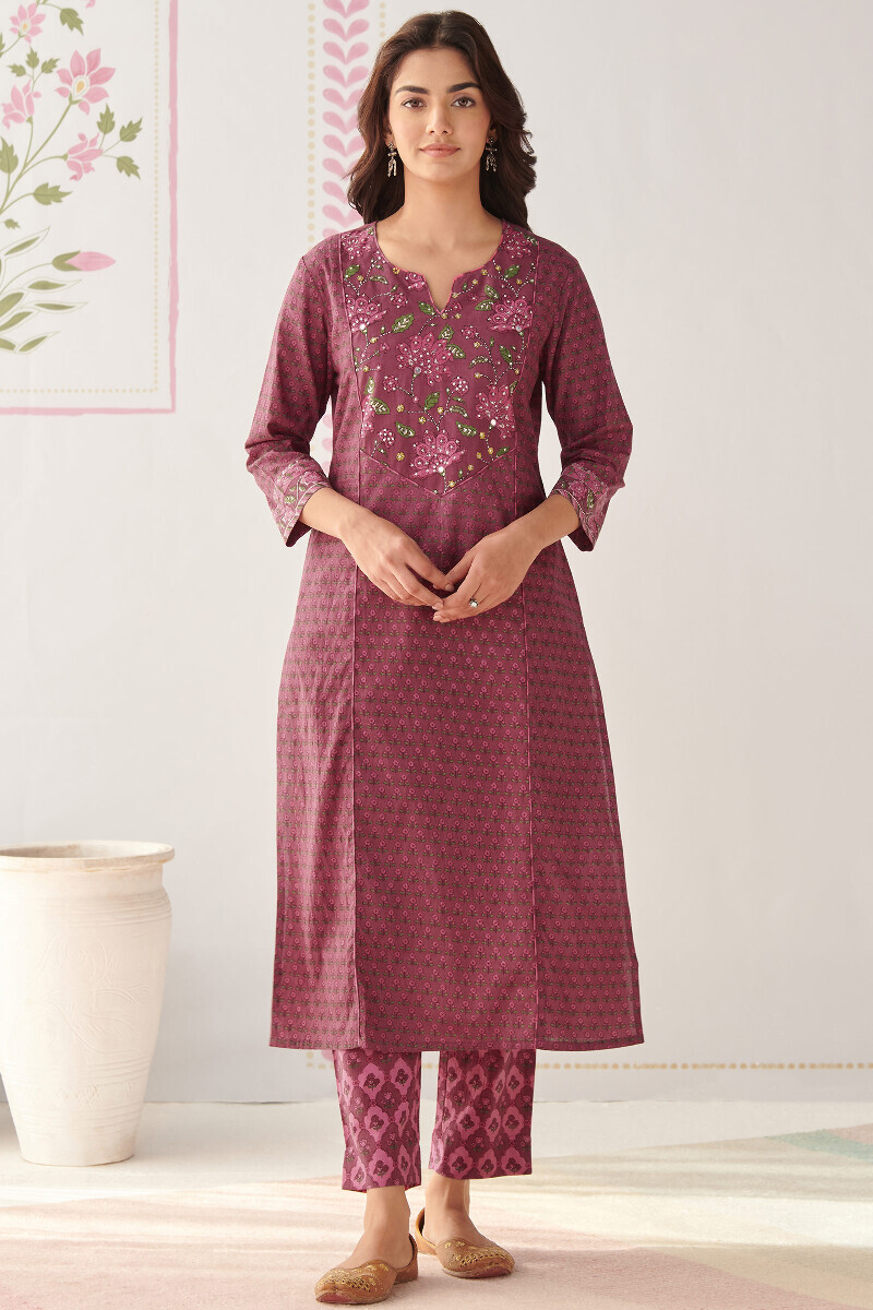 Mauve Handcrafted Straight Cotton Flax Kurta