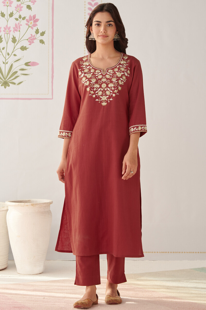 Red Handcrafted Straight Cotton Flax Kurta