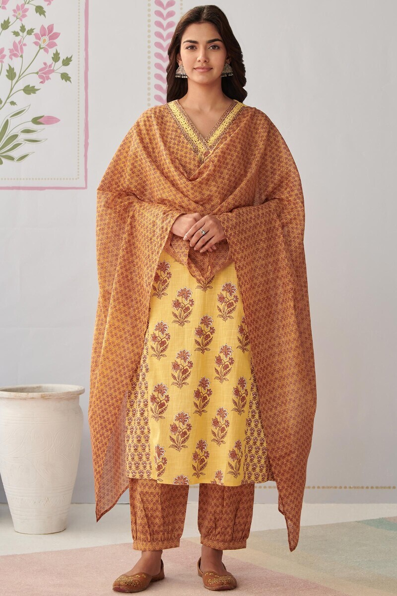 Orange Hand Printed Cotton Slub Izhaar Pants