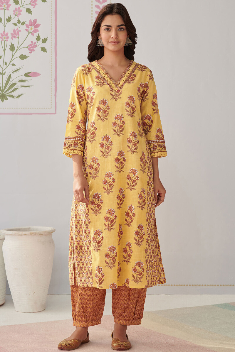 Yellow Hand Printed Straight Cotton Slub Kurta