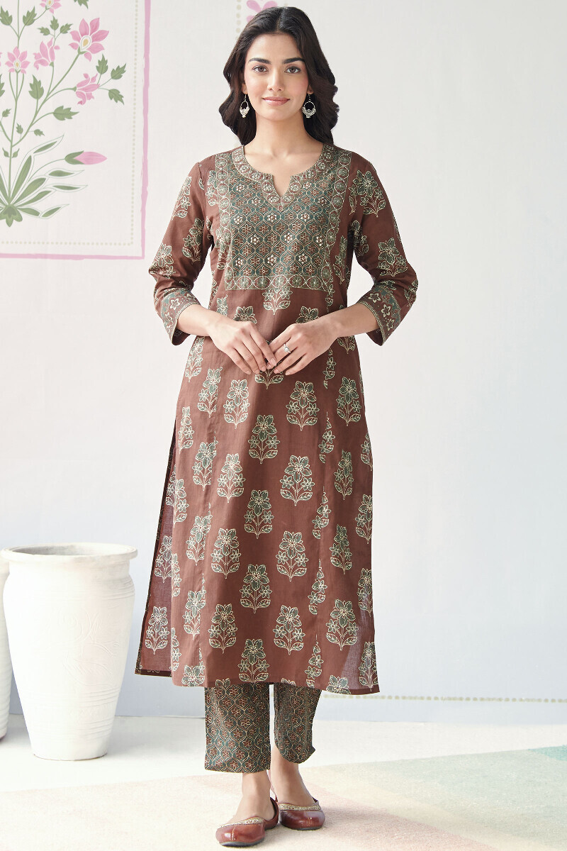 Brown Printed Straight Cotton Kurta