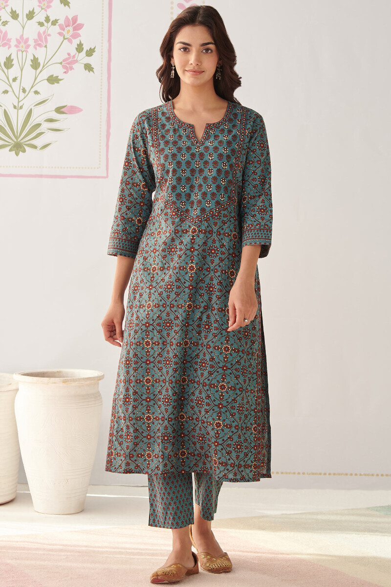 Blue Hand Printed Straight Cotton Kurta