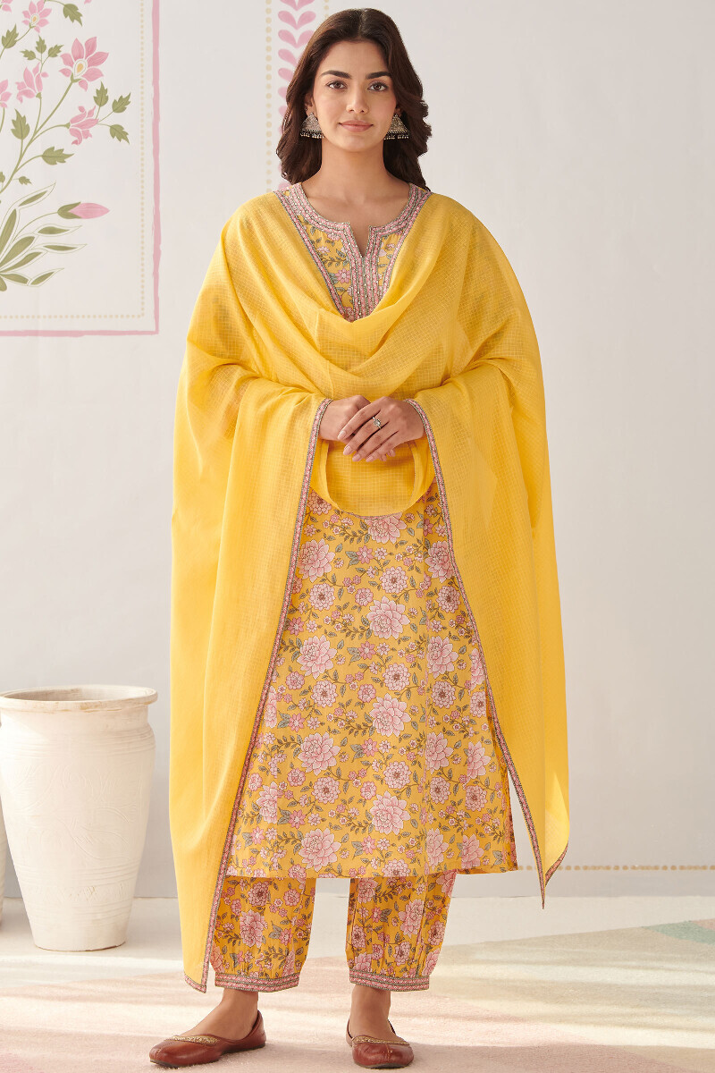 Yellow Hand Printed Straight Cotton Kurta
