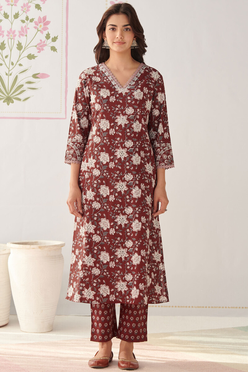 Maroon Hand Printed Straight Cotton Kurta
