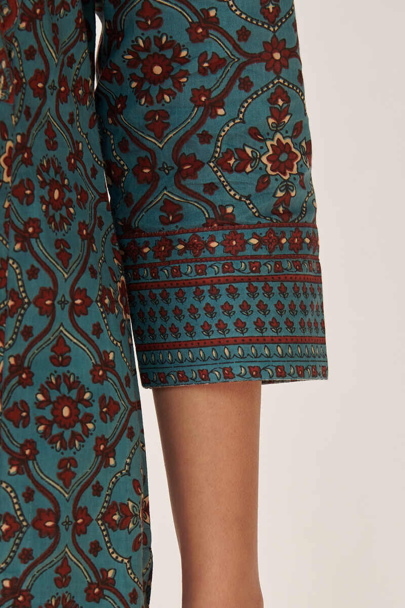 Blue Hand Printed Straight Cotton Kurta