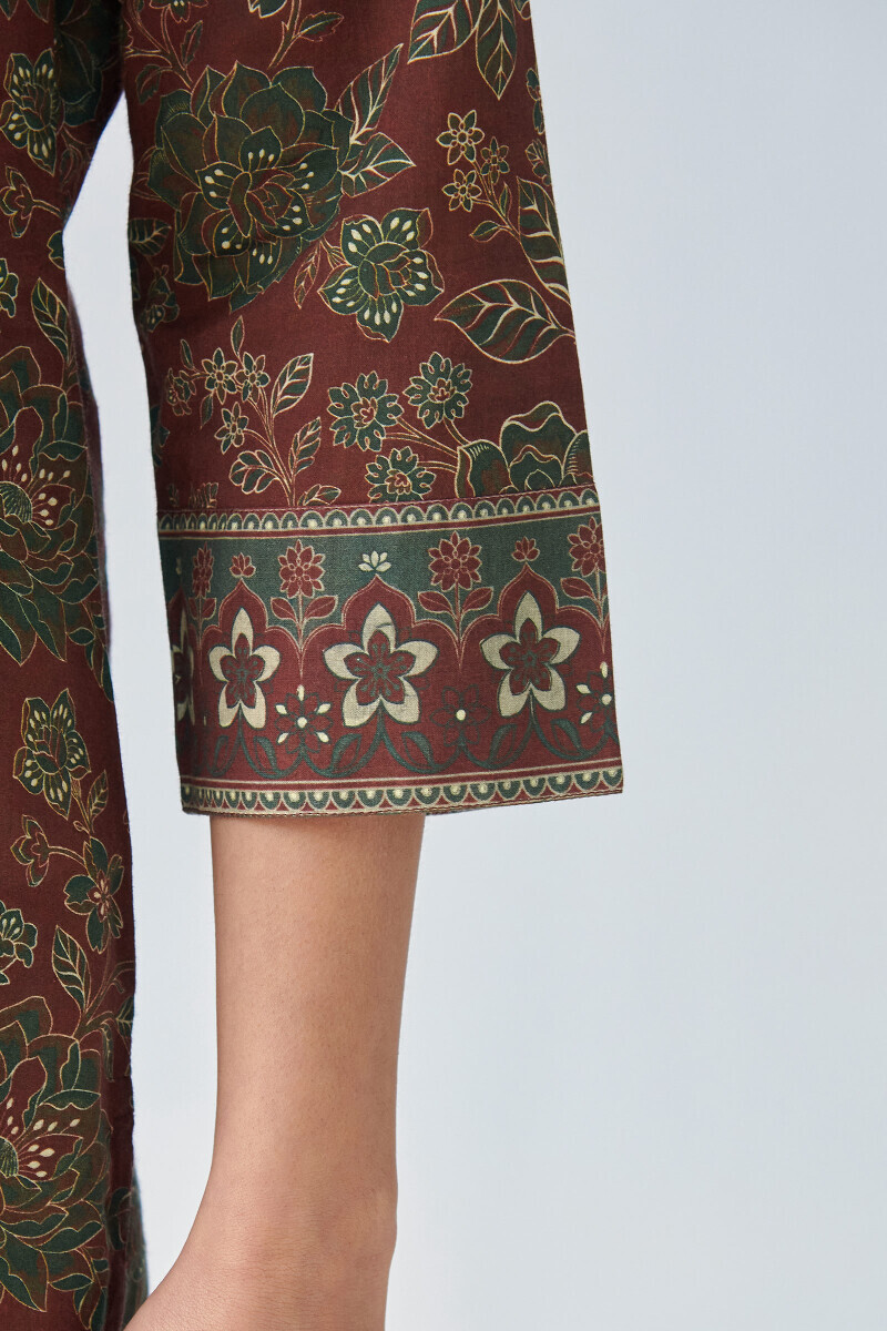 Maroon Printed Straight Cotton Kurta