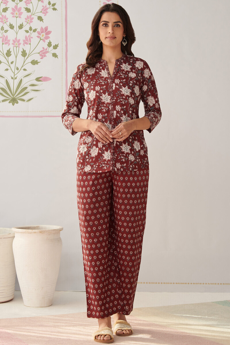 Maroon Hand Printed Cotton Loungewear Set