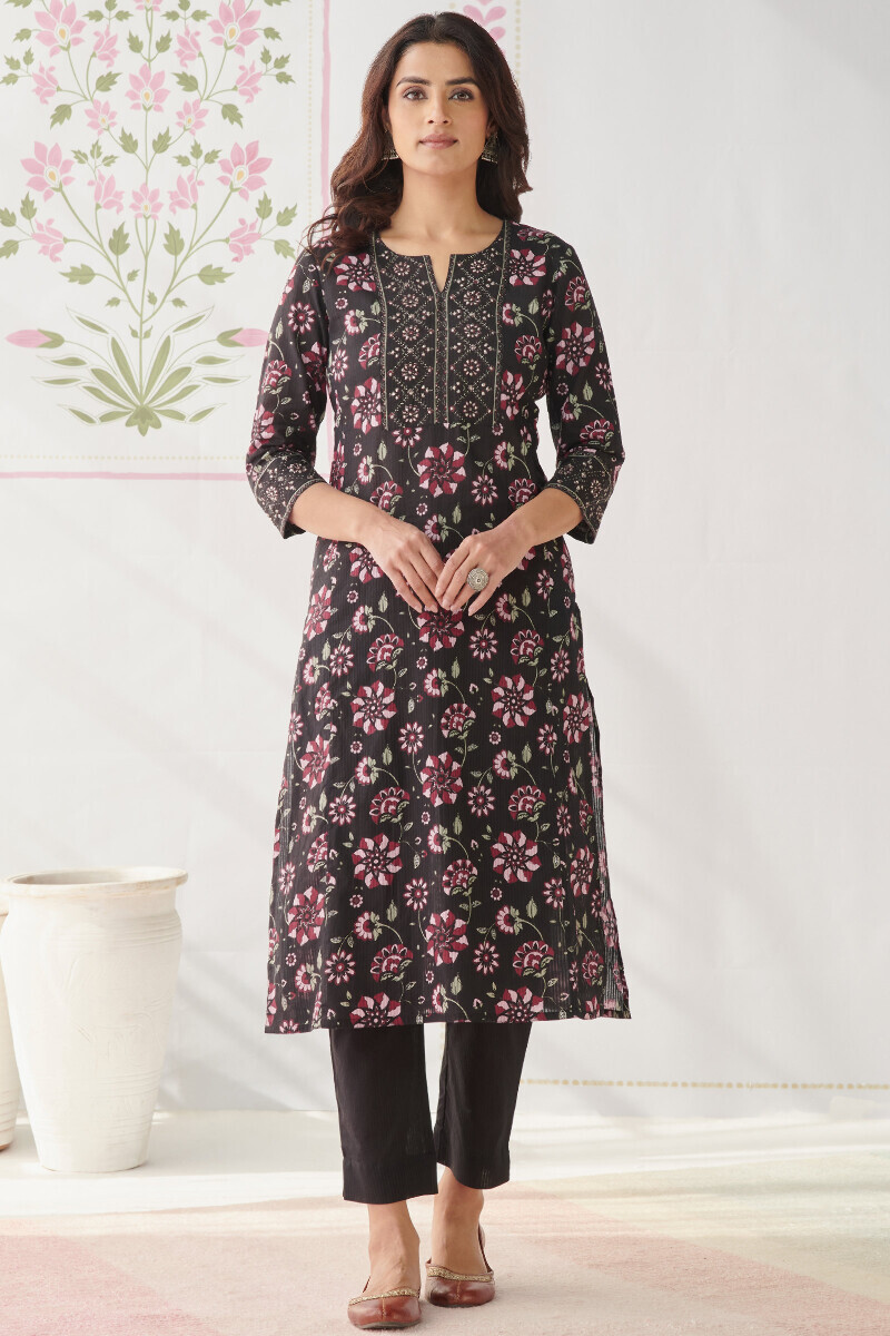Black Hand Printed Straight Cotton Dobby Kurta