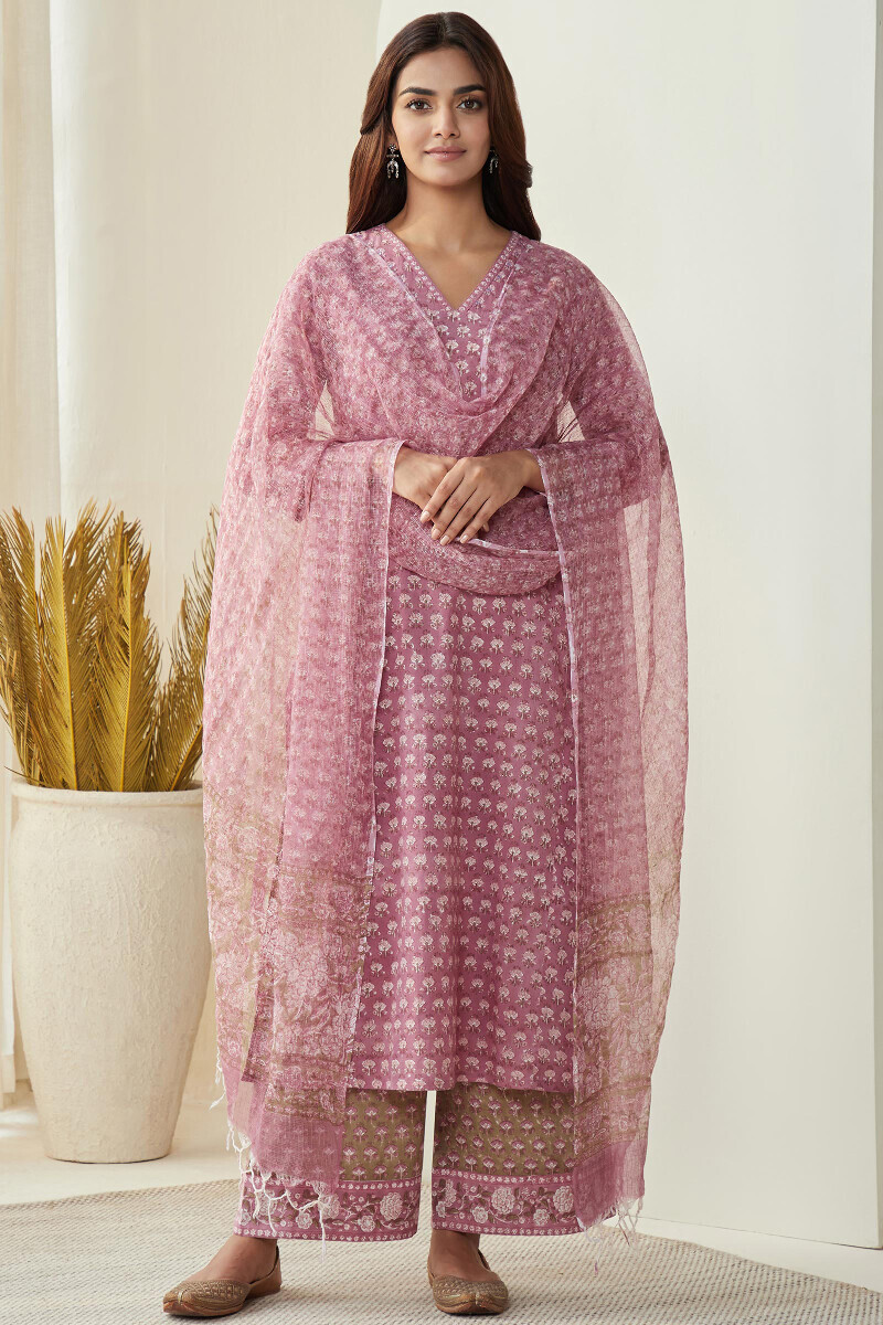 Pink Hand Block-Printed Straight Cotton Kurta