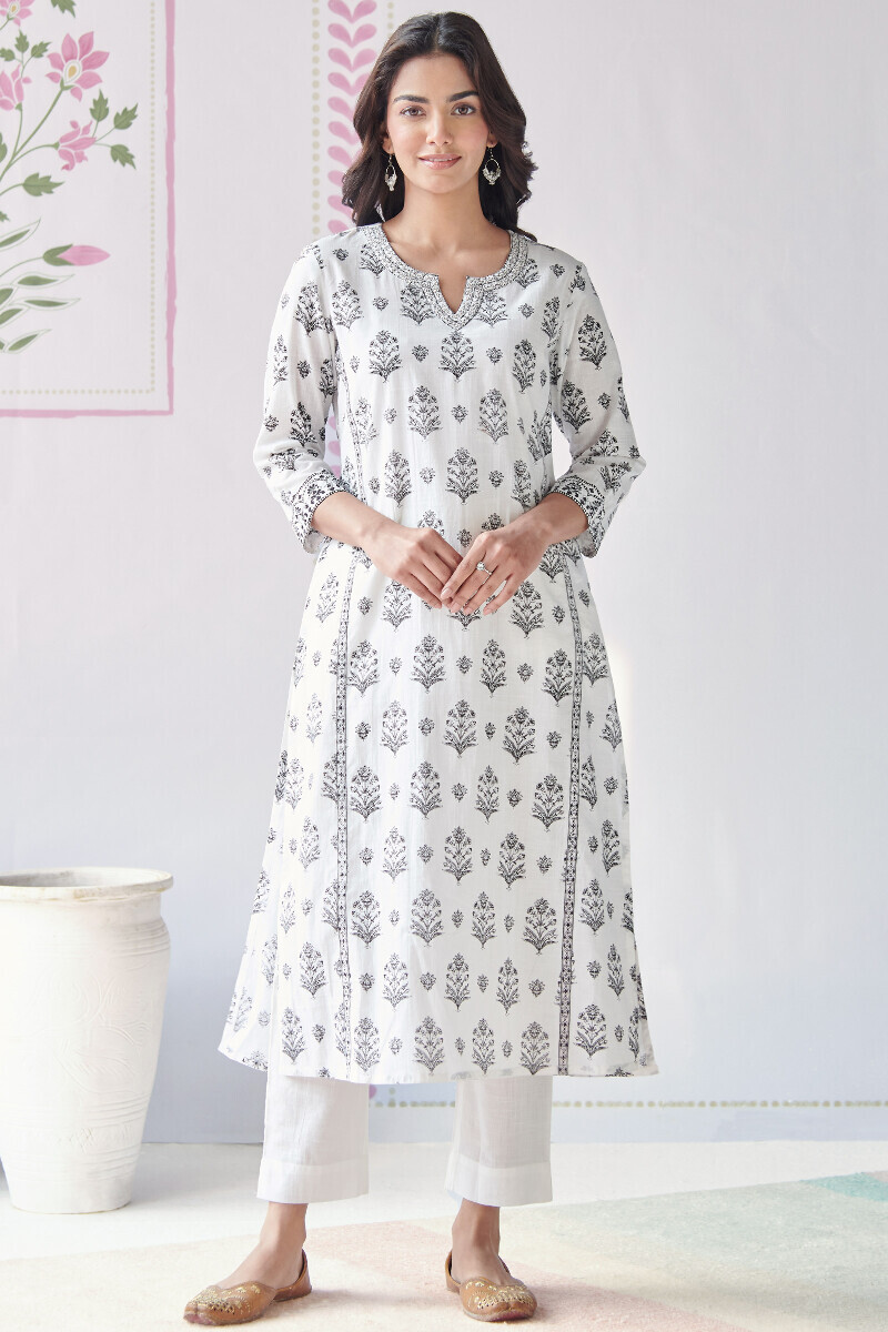 White Hand Printed Straight Cotton Slub Kurta