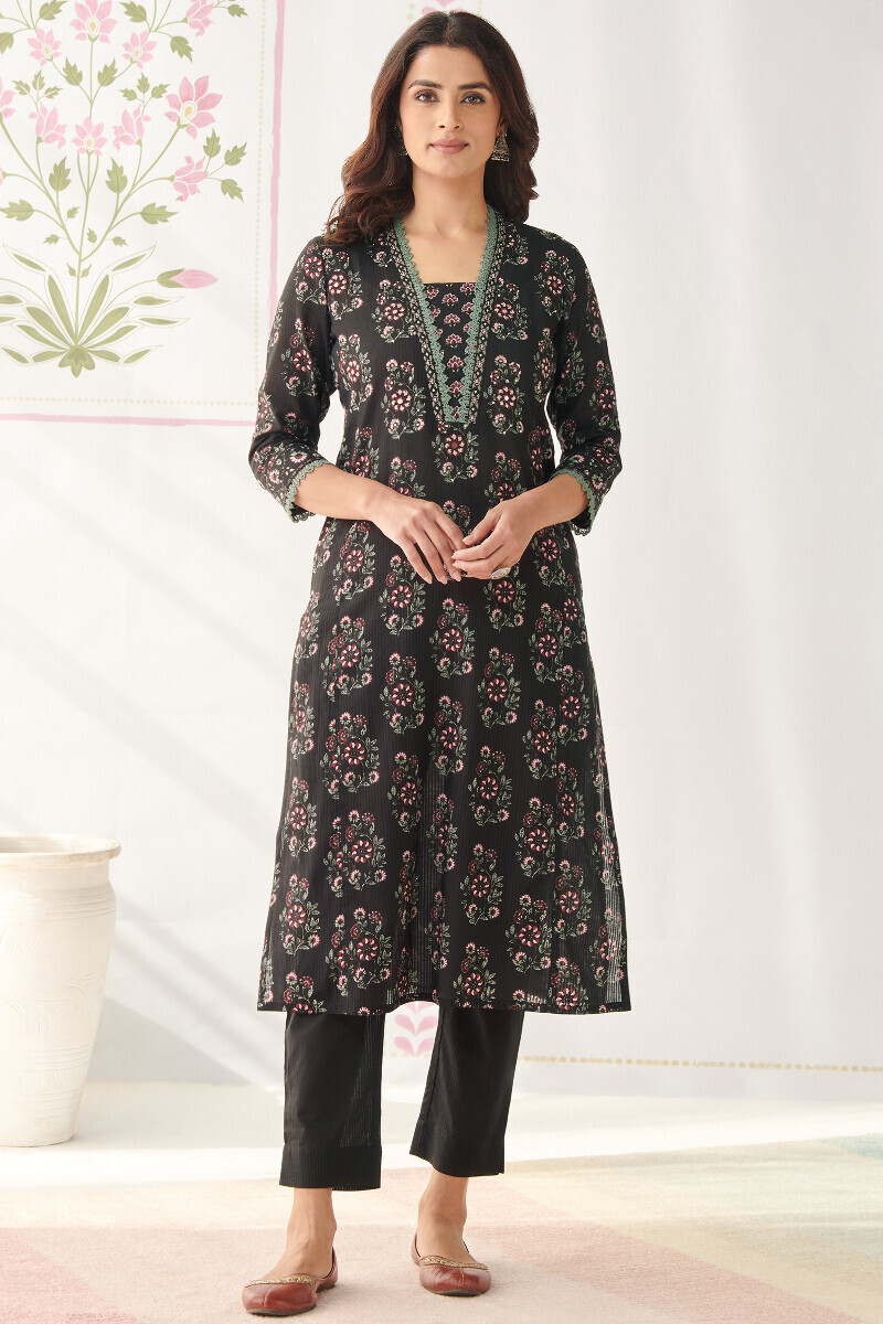 Black Hand Printed Straight Cotton Line Dobby Kurta