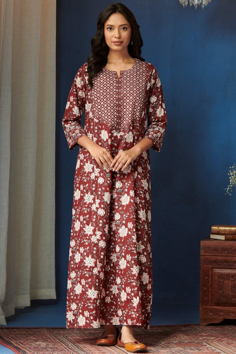 Maroon Hand Printed Cotton Kaftan