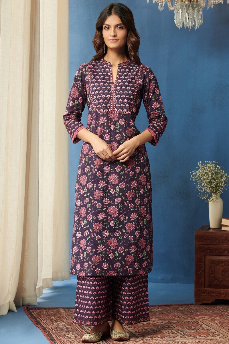 Purple Hand Printed Straight Cotton Kurta