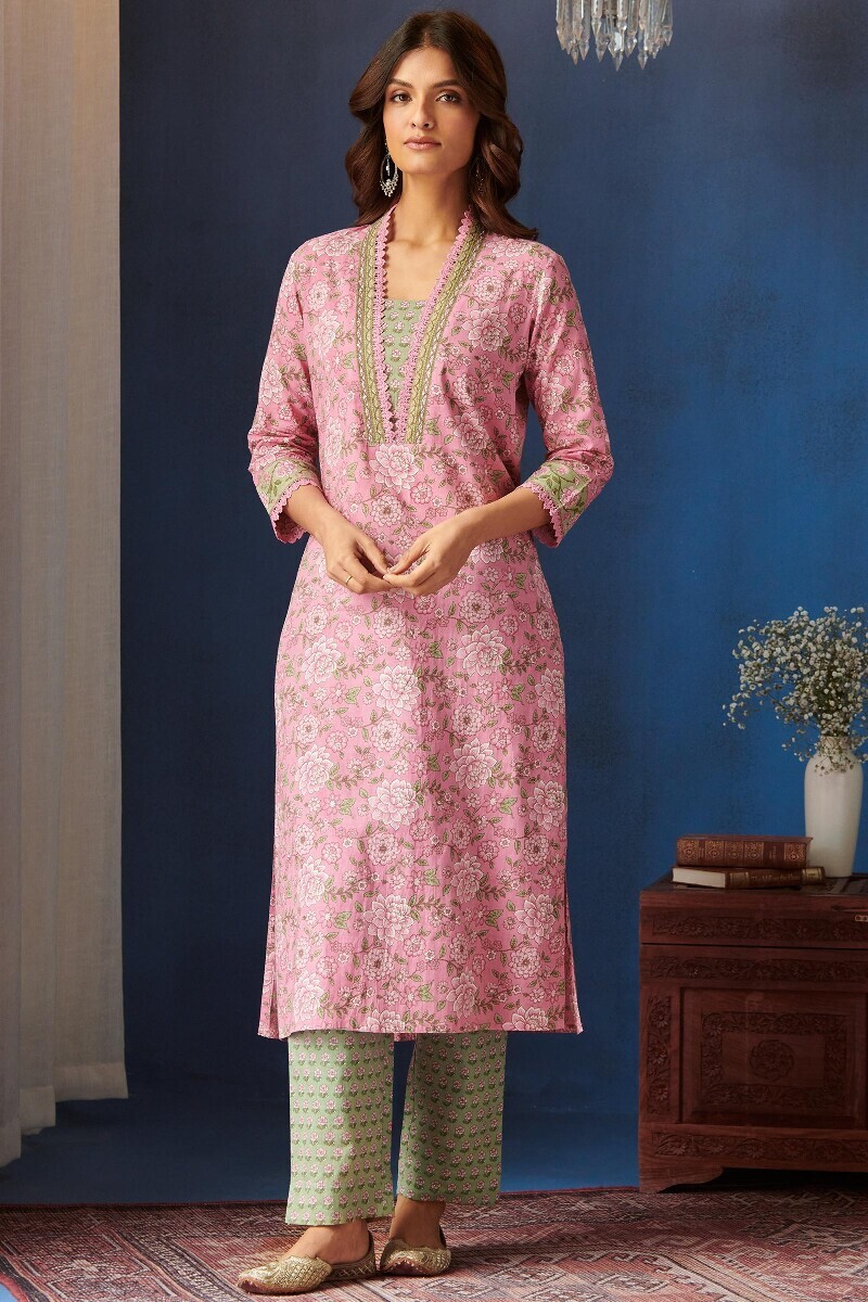 Pink Hand Printed Straight Cotton Kurta