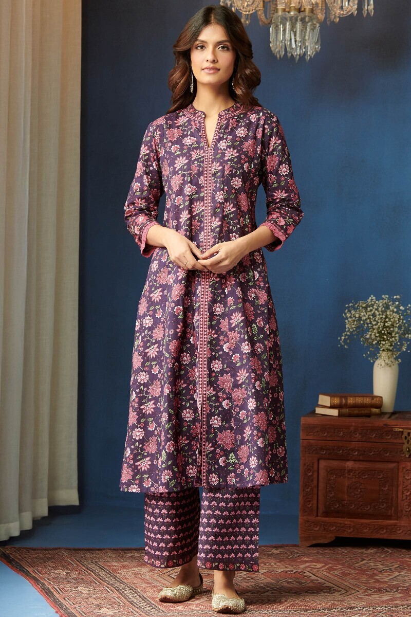 Purple Hand Printed Straight Cotton Kurta