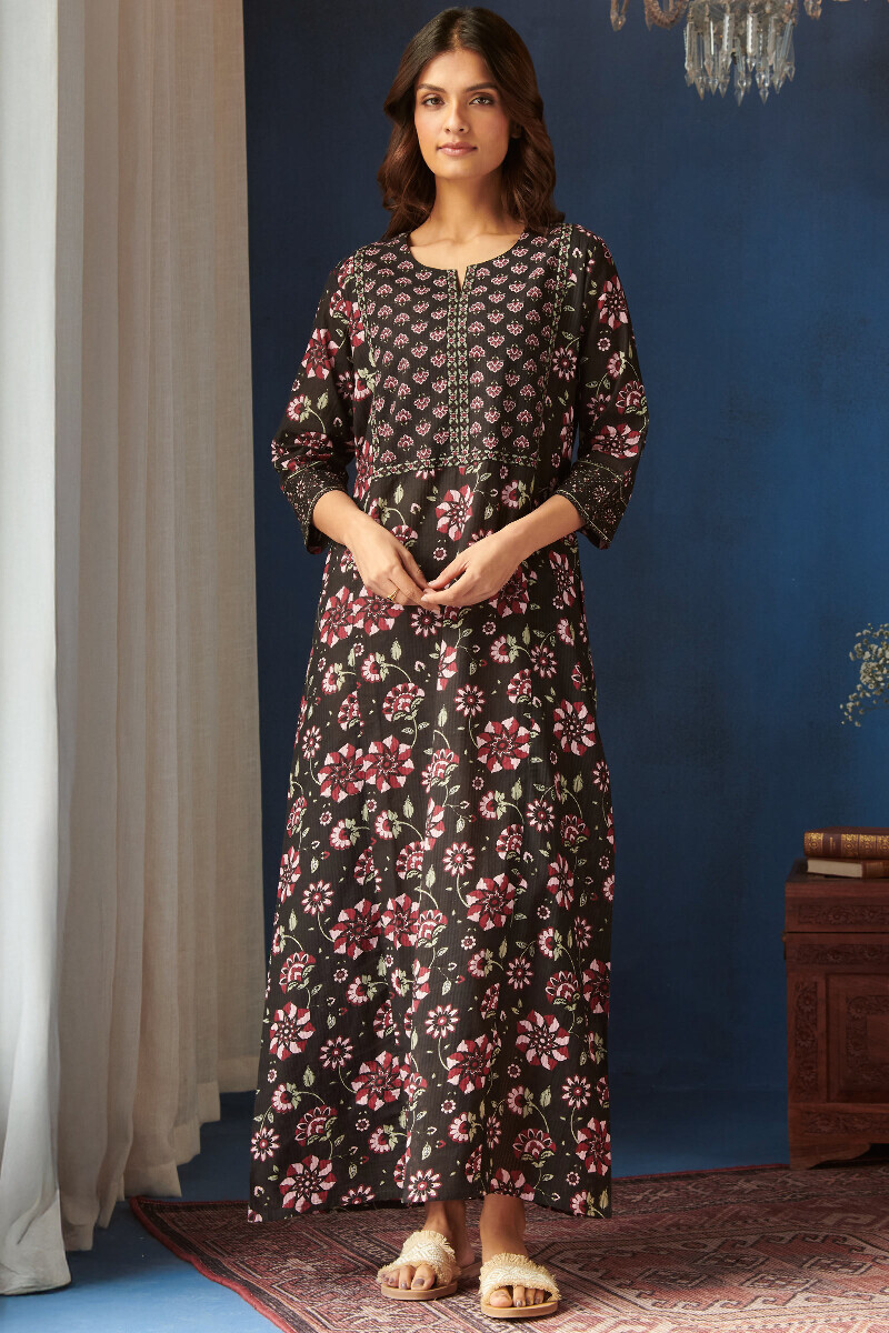 Black Hand Printed Cotton Dobby Kaftan