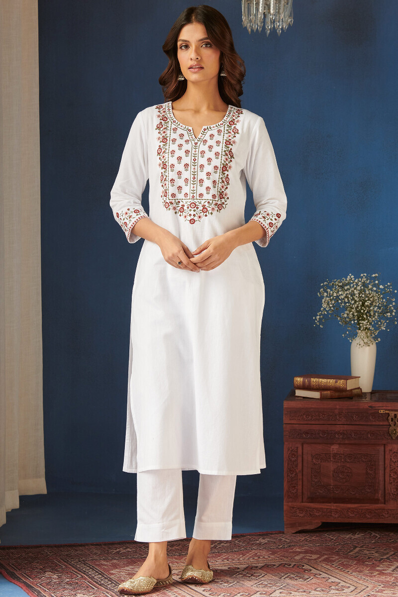 White Handcrafted Straight Cotton Flax Kurta