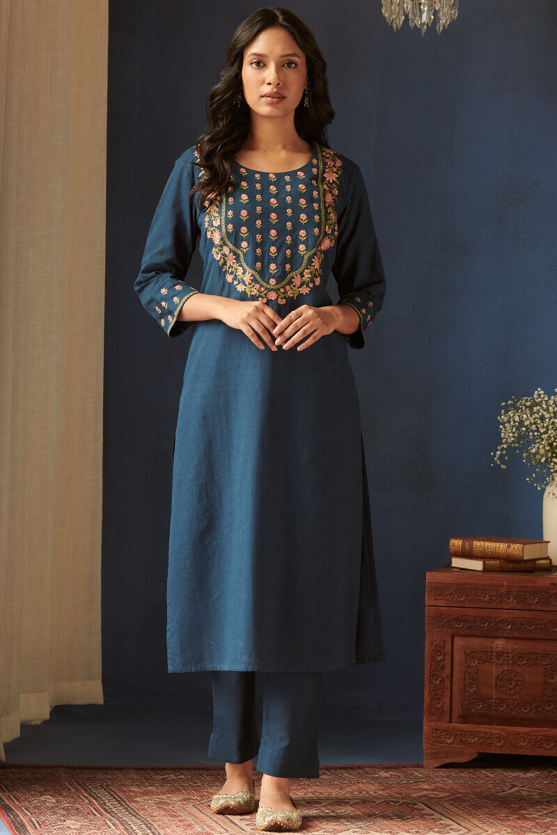 Indigo Handcrafted Straight Cotton Flax Kurta