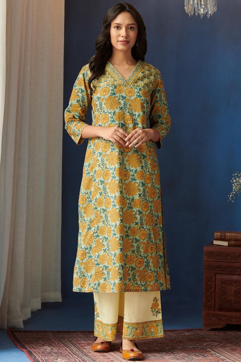 Green Hand Printed Straight Cotton Kurta