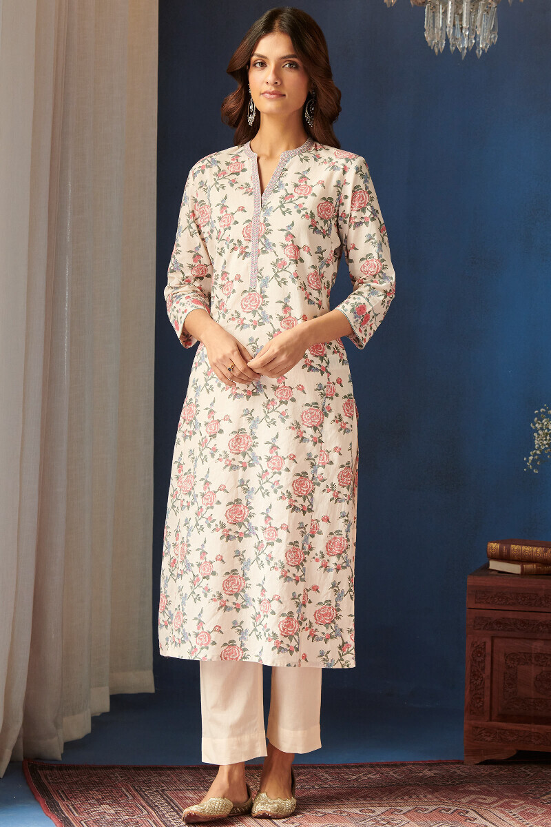 Off-White Hand Block-Printed Straight Cotton Kurta