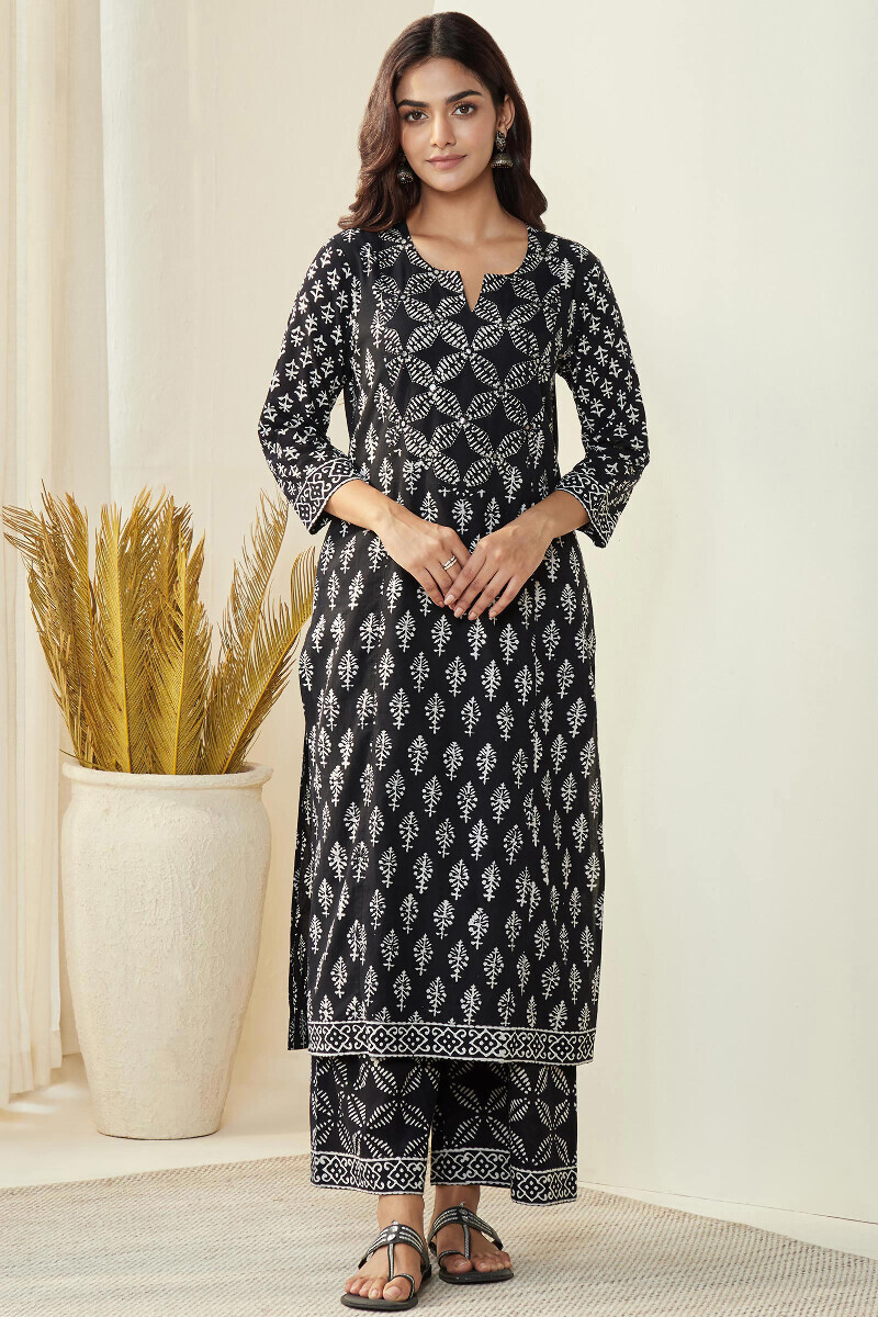 Black Hand Block-Printed Straight Cotton Kurta