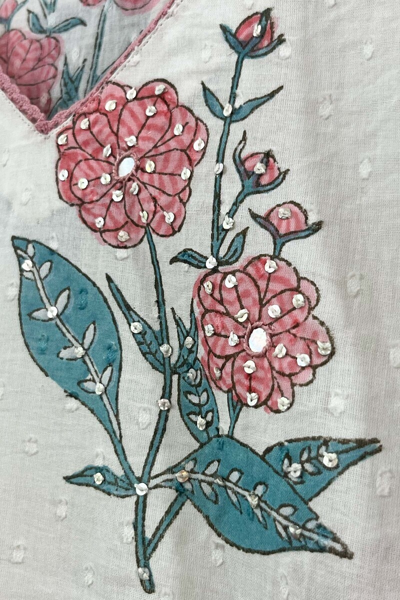 White Hand Block-Printed Straight Cotton Dobby Kurta