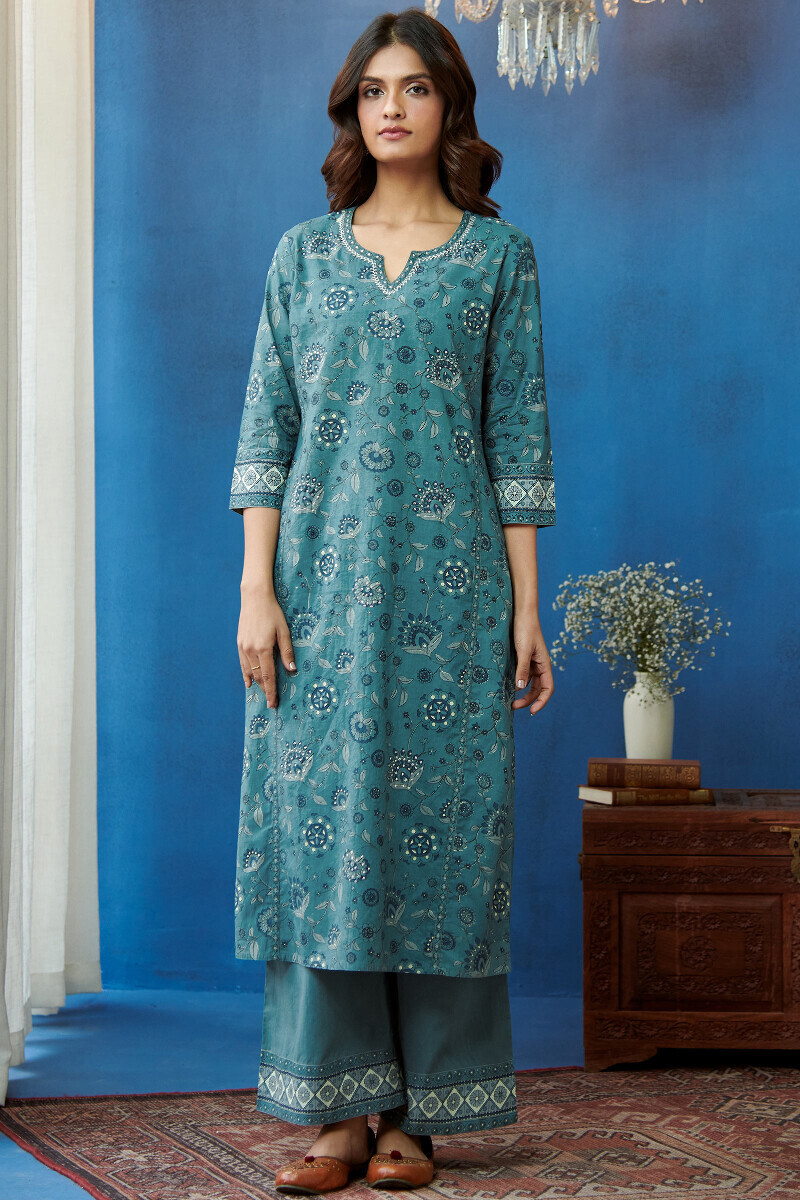 Blue Hand Printed Straight Cotton Kurta