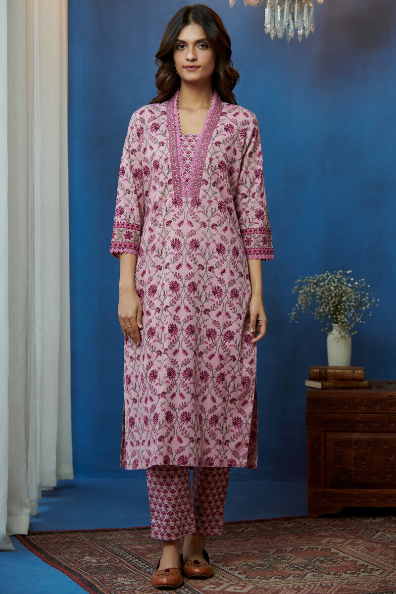 Pink Hand Printed Straight Cotton Kurta