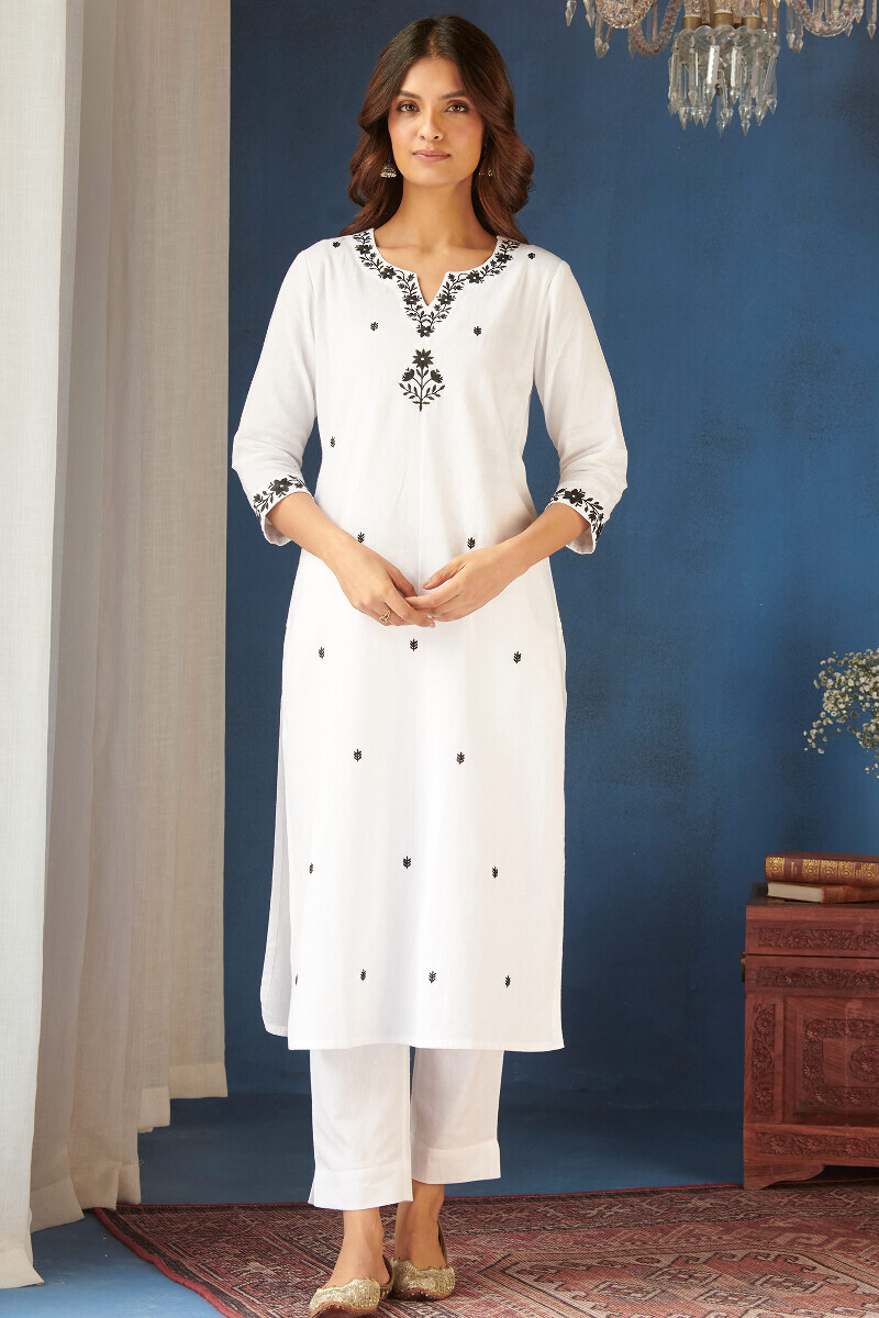 White Handcrafted Straight Cotton Flax Kurta