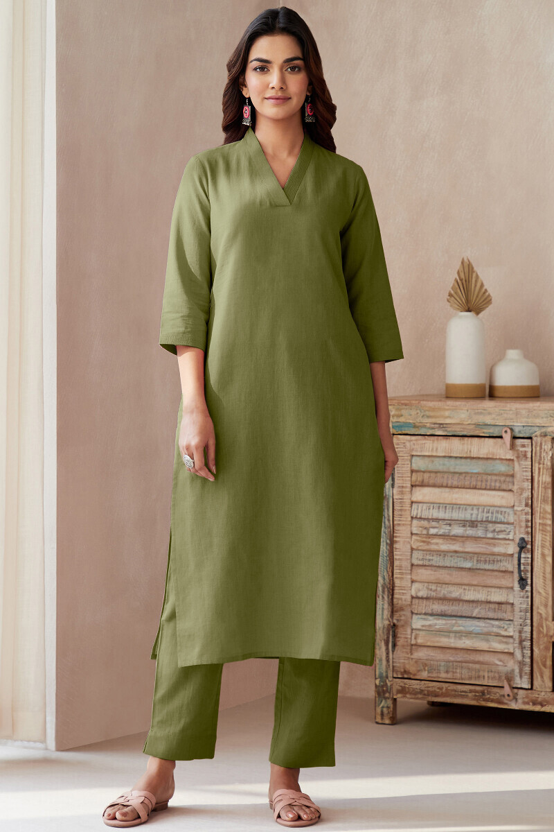Green Handcrafted Straight Cotton Flax Kurta