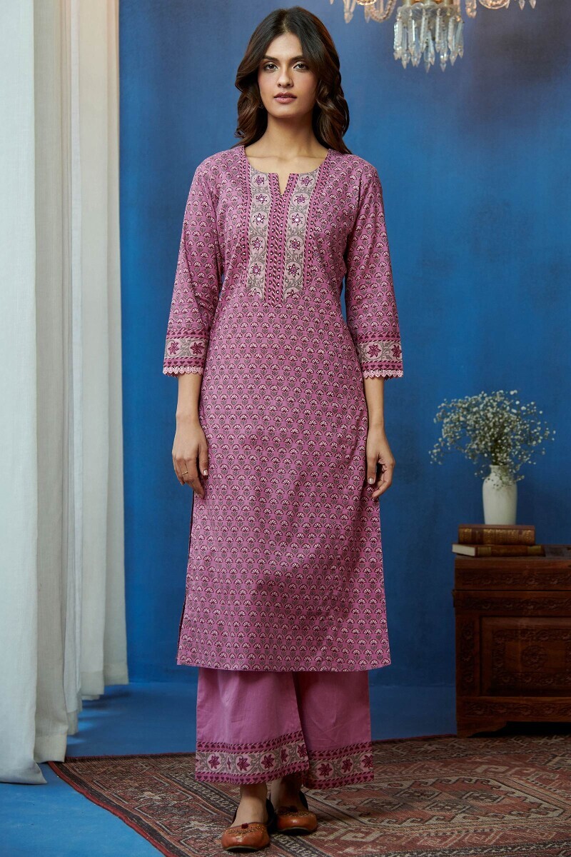 Pink Hand Printed Straight Cotton Kurta