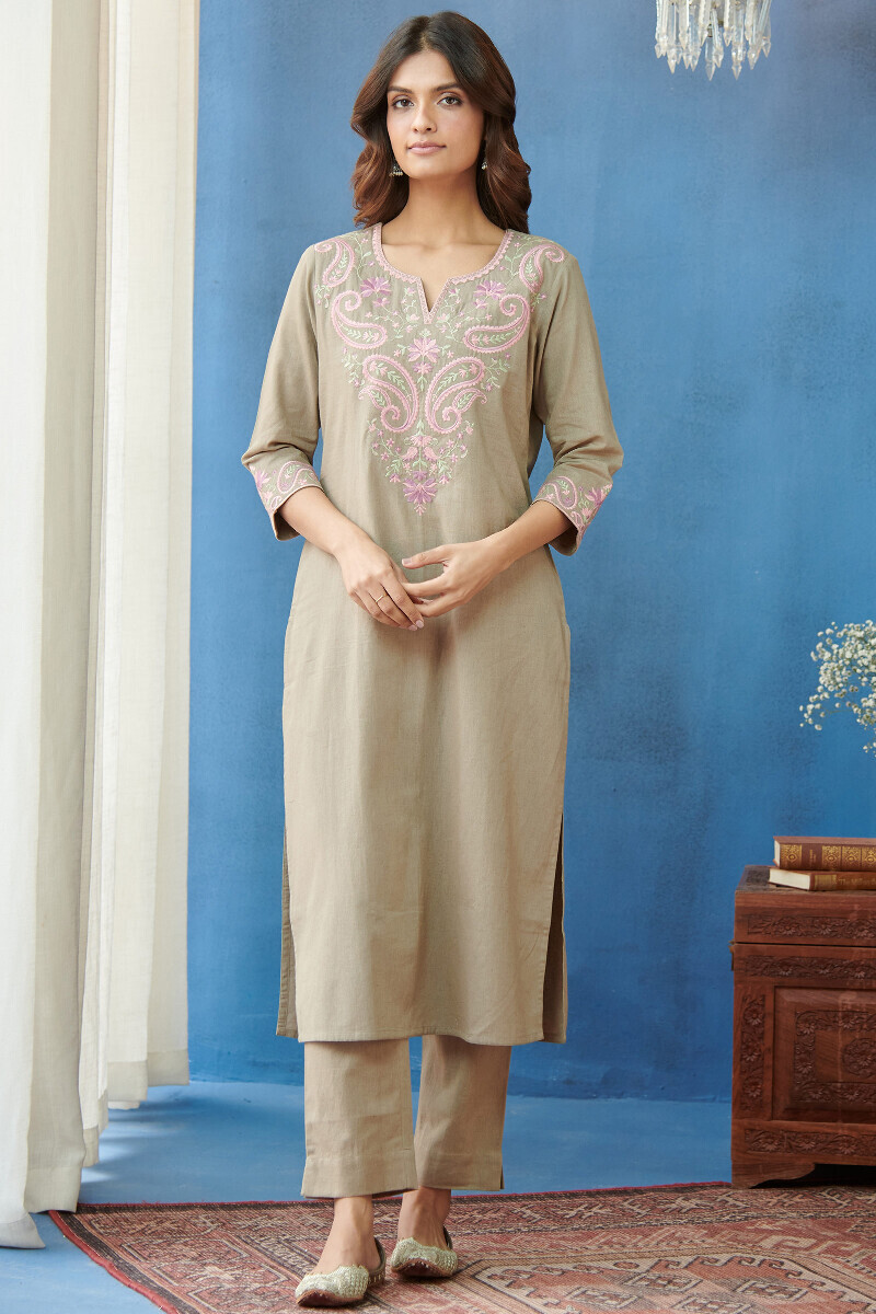 Grey Handcrafted Straight Cotton Flax Kurta
